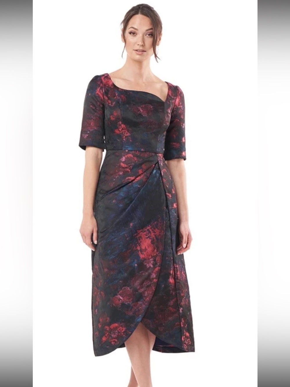 Kay Unger Tallulah T-Length Dress NWT Women's 10 Black Red Metallic Jacquard